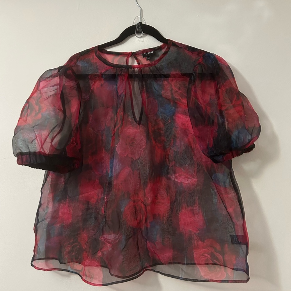 Torrid Organza Puff Sleeve Top - Red and Black Floral Sheer Blouse - Picture 5 of 7